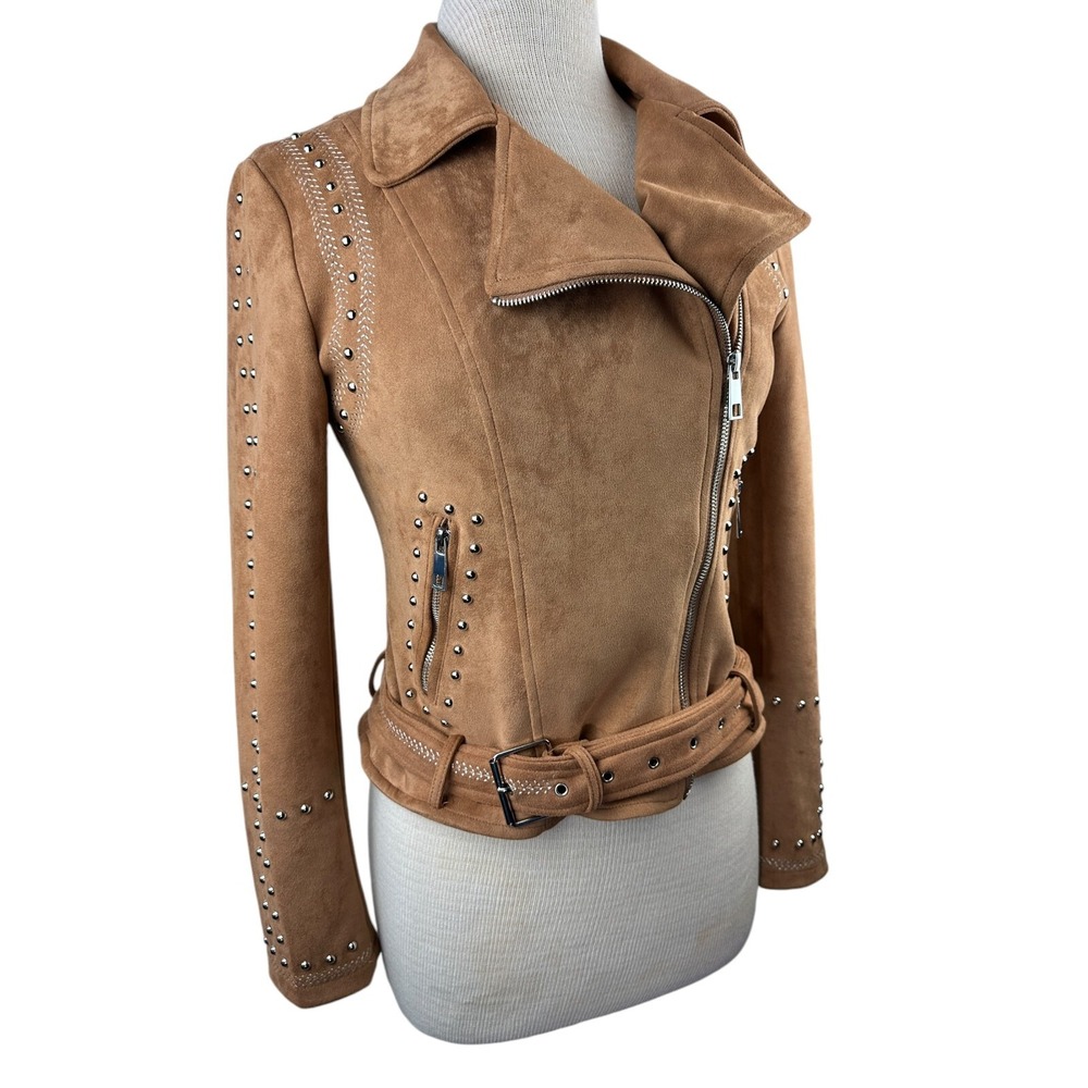 BKE Faux Suede Studded Stretch Asymmetrical Zip Moto Jacket Chestnut Brown Small - Picture 5 of 14